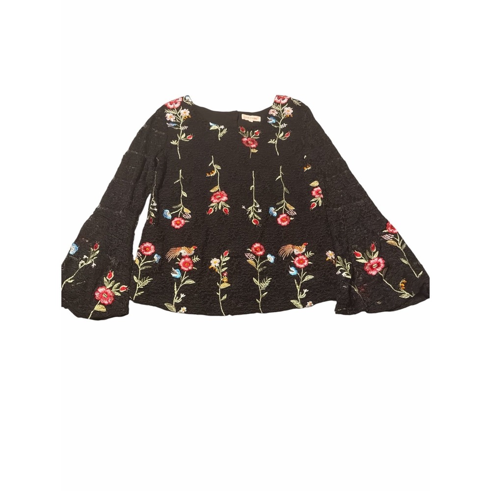 Solitaire Anthropologie floral Embroidered Black Lace Top size large boho